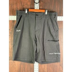 HUK Fishing Shorts Vented Zip‎ Cargo Quick Dry Stretch Waist Black Mens XL GUC